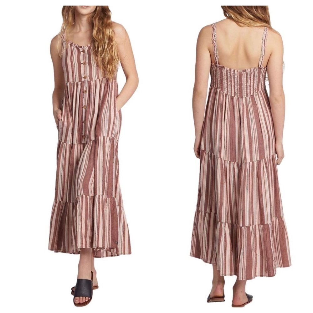 new Roxy Breeze on By Brown Beige Stripe Button Up Tiered Dress US S